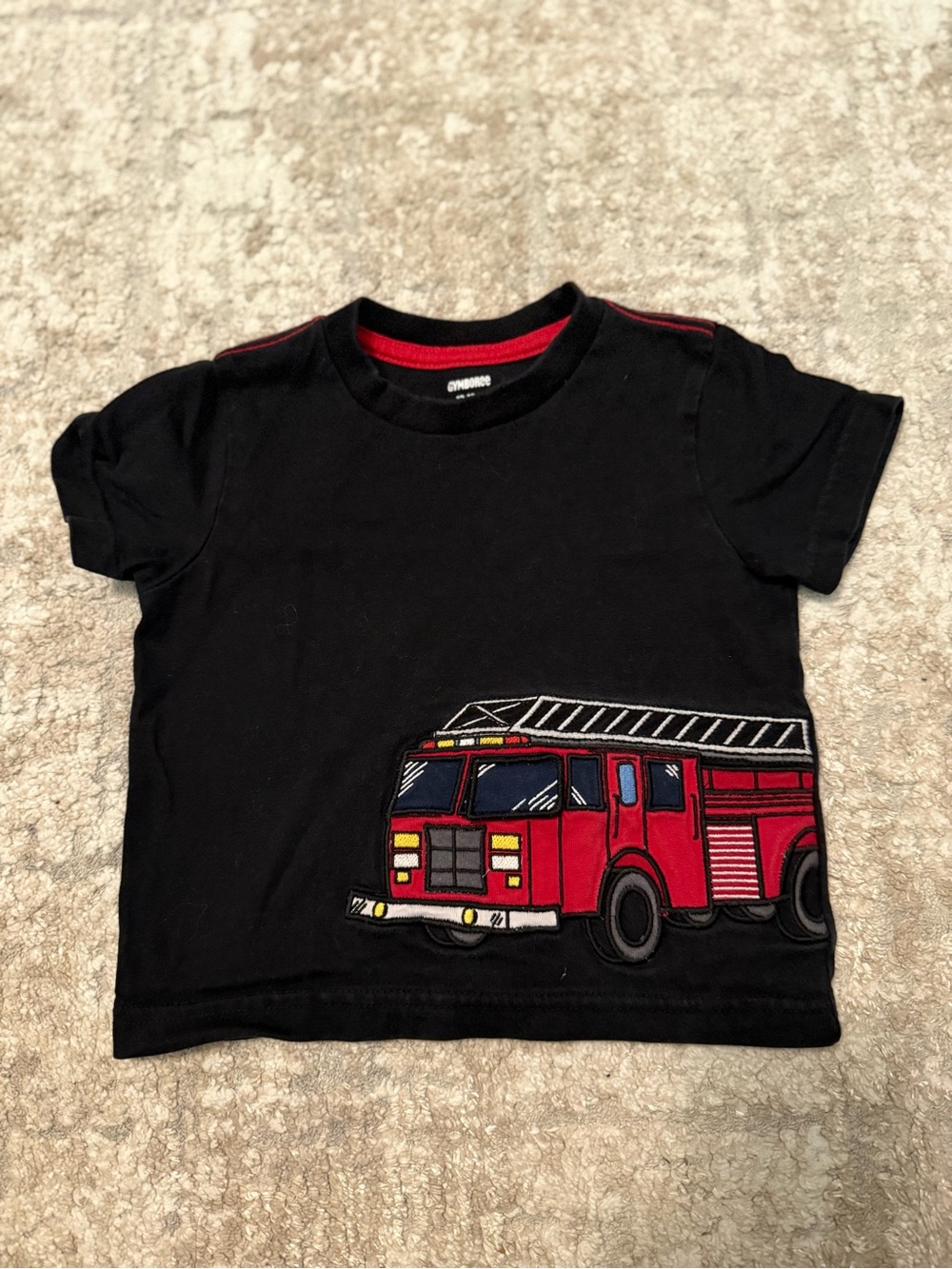 Gymboree Black Tee with Red Fire Truck Embroidered Graphic size 12/18M